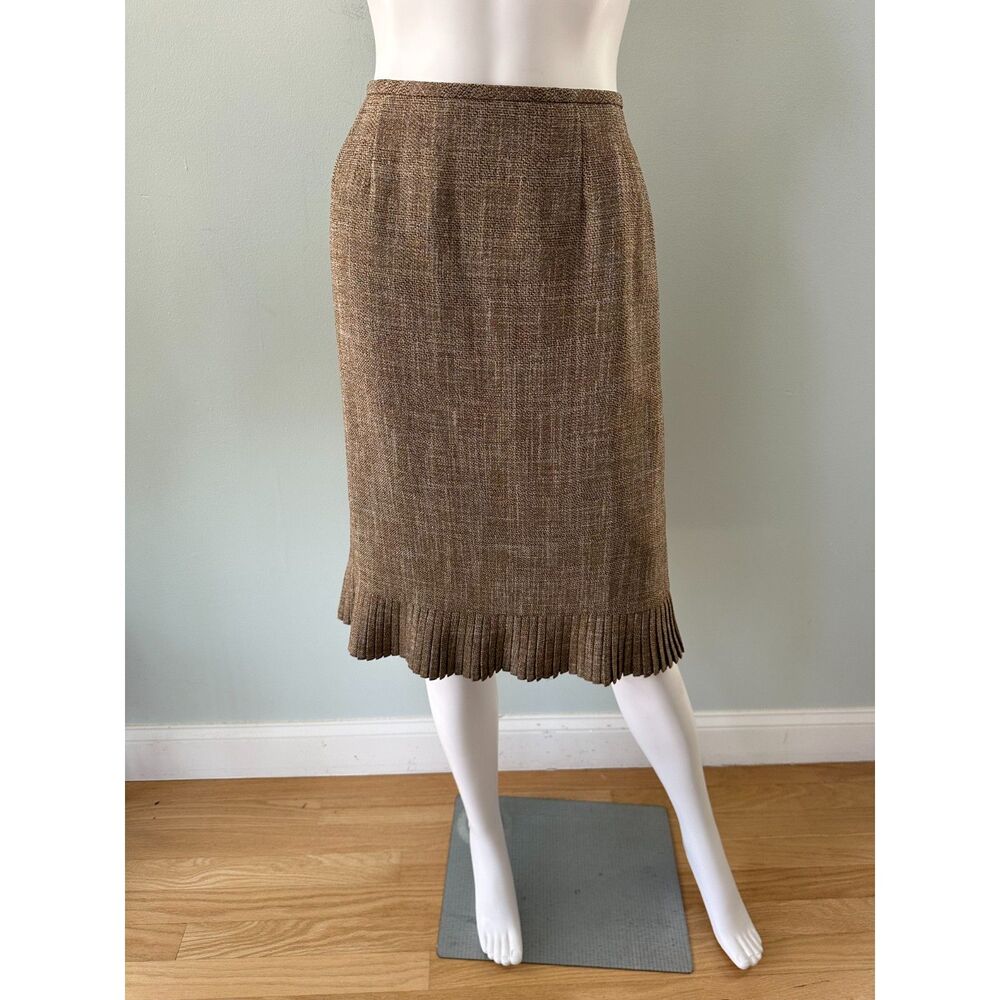 Vintage Brown Woven Midi Skirt Pleated Accordion Hem Dark Academia Retro 8